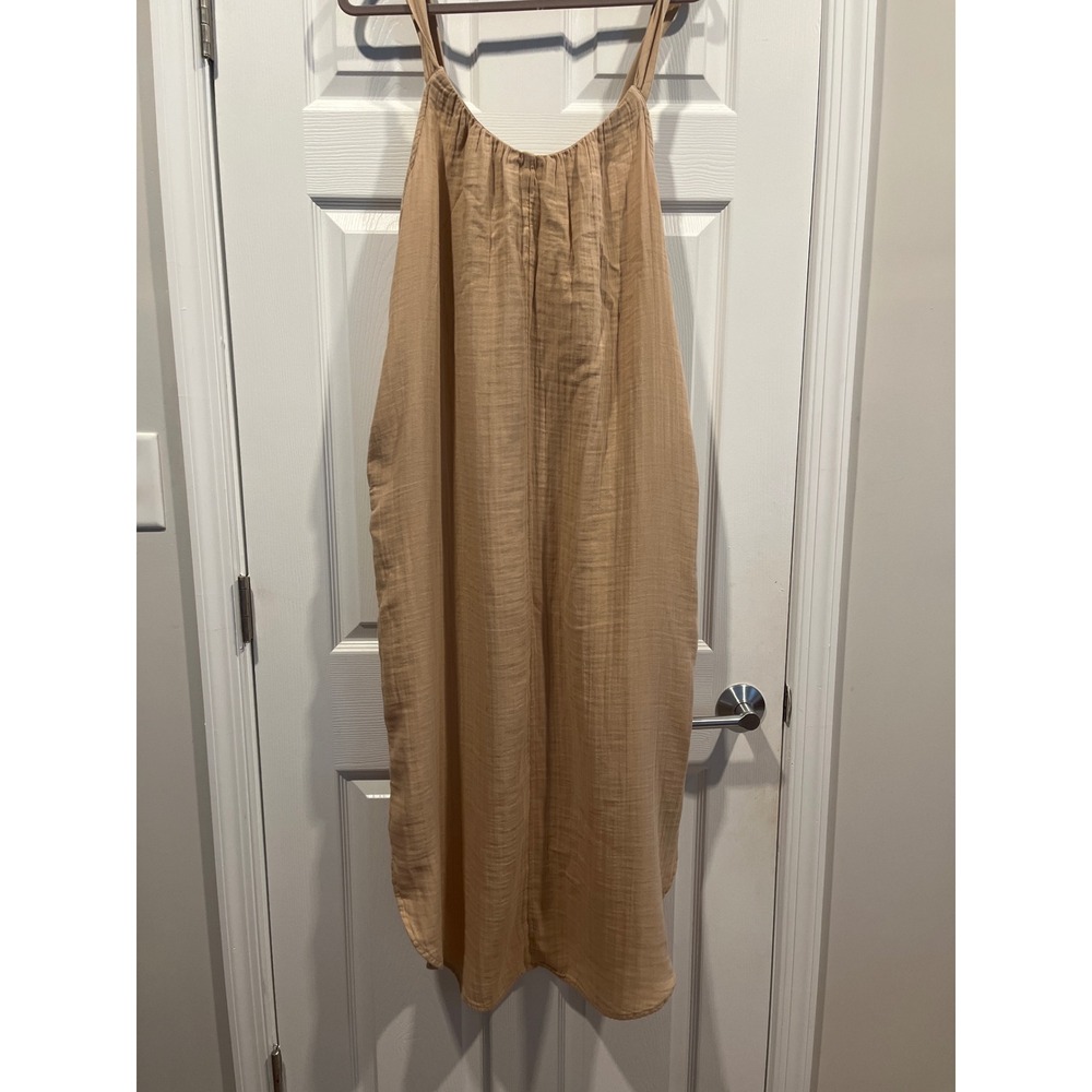 Old Navy Tan Beige Cotton Gauze Tie Back Sleeveless Midi Dress Large NWT‎